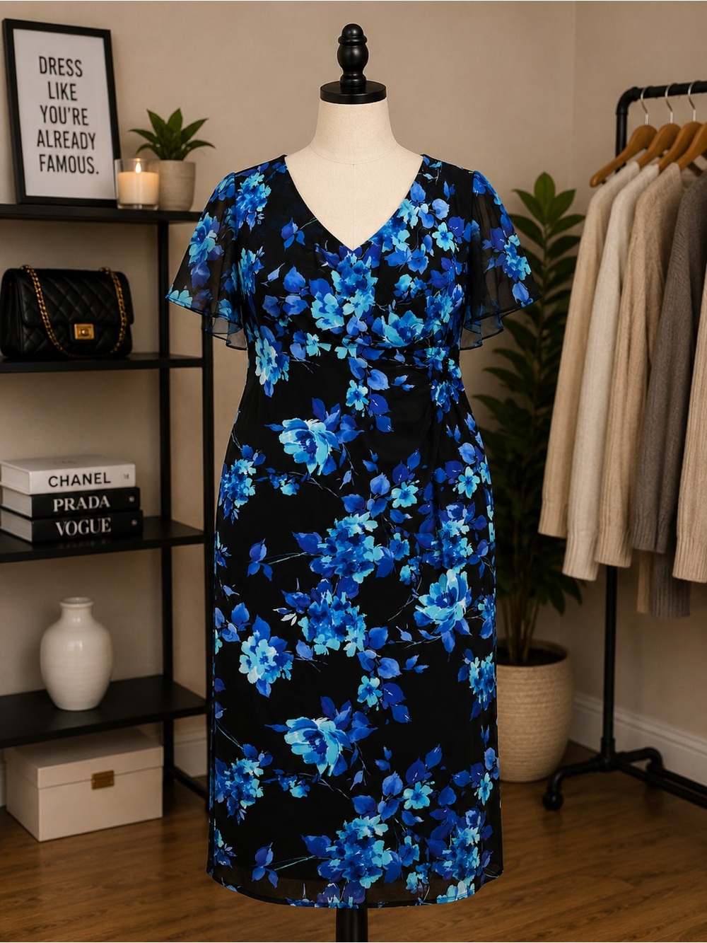Connected Apparel Sheath Dress size 20W Cape sleeves, Ruffle Accents